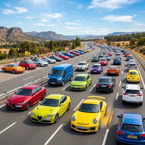 Colorful Exhibition of Vehicles on Expansive Highway