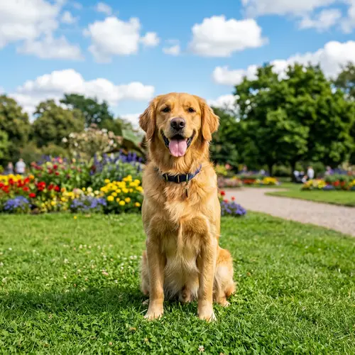 Golden Retriever Sitting in Park | Cheerful Dog Photo