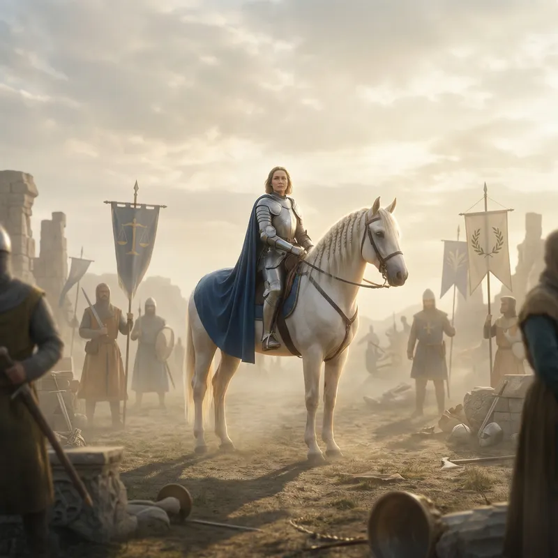 Noble Rider on Majestic White Horse | Radiant Armor & Ethereal Battlefield Noble Rider on Majestic White Horse | Radiant Armor & Ethereal Battlefield