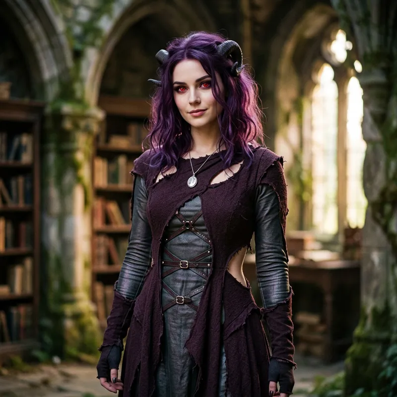 Mystical Female Character with Purple Hair, Red Eyes, and Horns