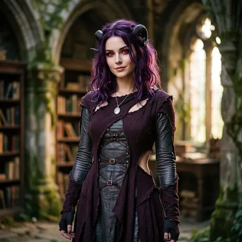Mystical Female Character with Purple Hair and Red Eyes