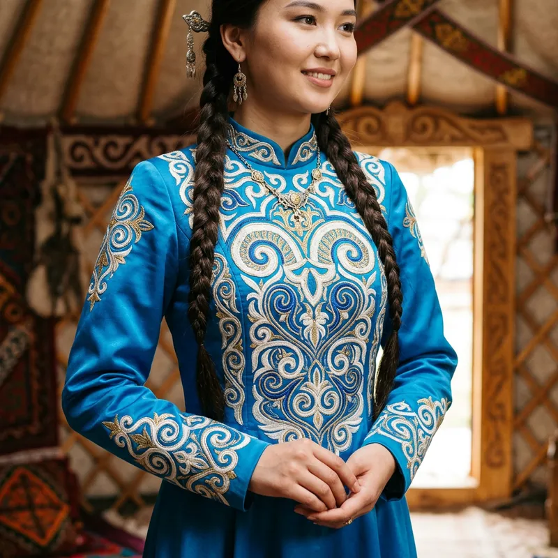 Intricate Kazakh Ornament Embroidery on Blue Dress Intricate Kazakh Ornament Embroidery on Blue Dress