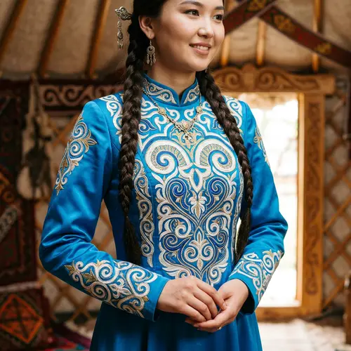 Stunning Kazakh Pattern Embroidery on Blue Dress