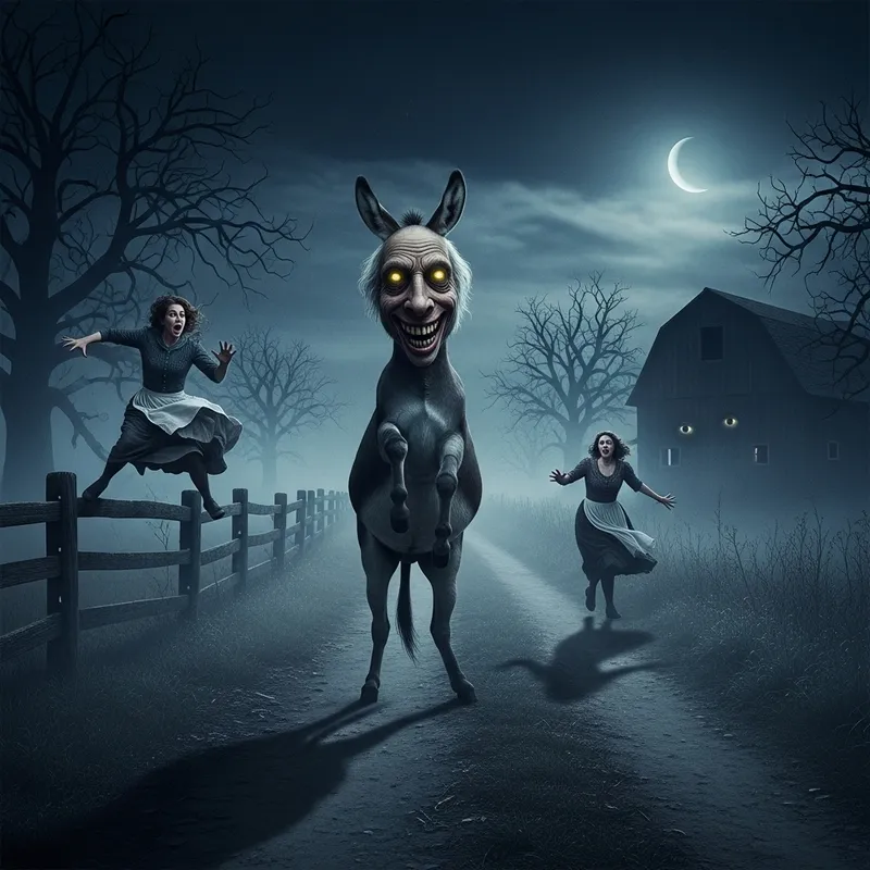 Eerie Night Scene: Distorted Donkey Encounter Eerie Night Scene: Distorted Donkey Encounter