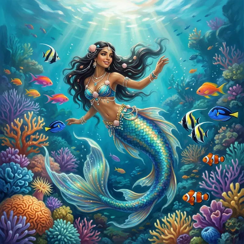 Surreal Underwater Mermaid Amid Colorful Marine Fantasy