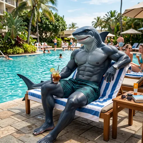 Muscular Shark Demi-Human Relaxing by Pool in Swim Shorts