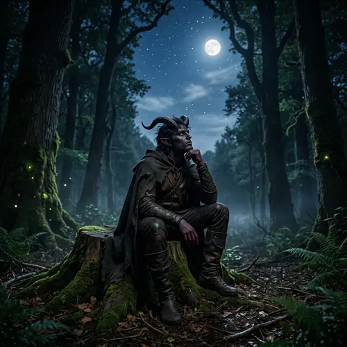 Devilish Figure on Tree Stump Gazing at Night Sky
