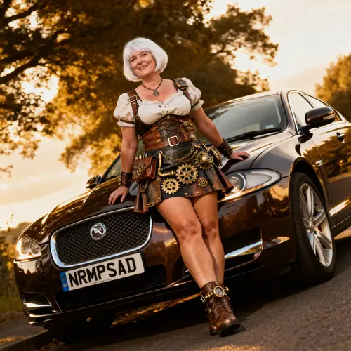 British Woman in Steampunk Skirt with Jaguar XF