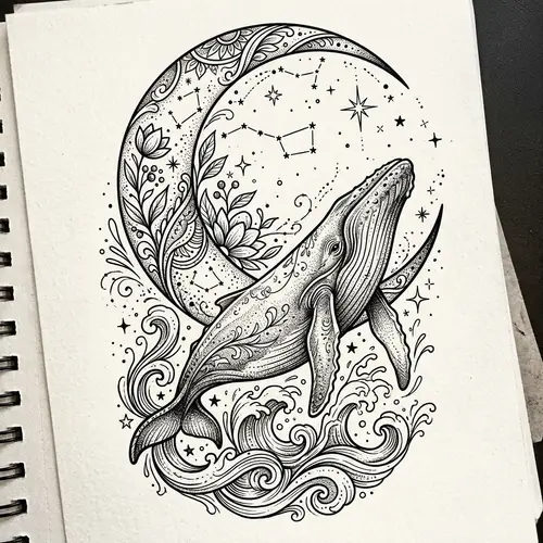 Crescent Moon and Whale Tattoo Design