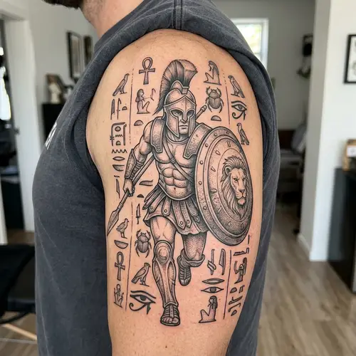 Detailed Warrior Tattoo with Egyptian Hieroglyphics