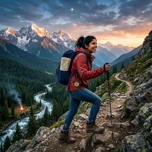Adventure Birthday Card Image with South-Asian Woman Climbing Mountain