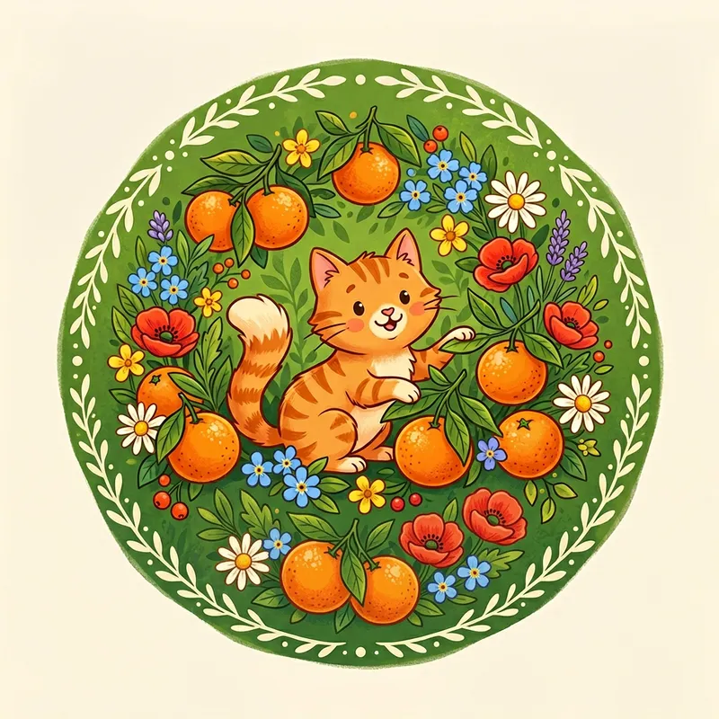 Charming Orange Cartoon Cat with Tangerines and Flowers Charming Orange Cartoon Cat with Tangerines and Flowers