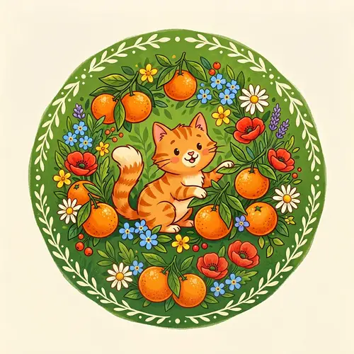 Orange Cartoon Cat with Tangerines and Flowers Logo