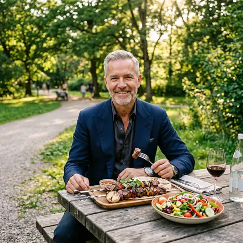 Stylish Tom Ford Enjoying Salad and Shashlyk Outdoors