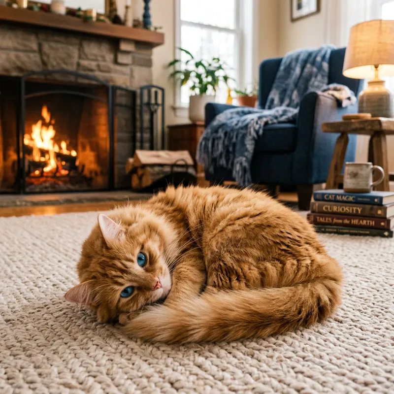 Adorable Ginger House Cat Relaxing by Fireplace Adorable Ginger House Cat Relaxing by Fireplace