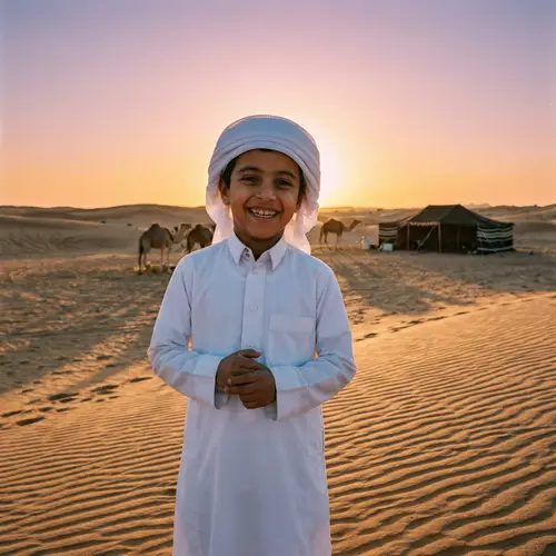 Smiling Saudi Boy in Traditional Thobe | Desert Background