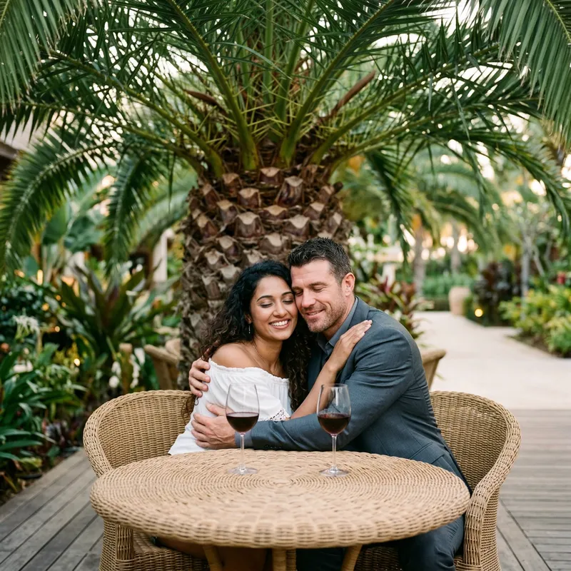 Tropical Romance: Intimate Wine Lovers Embracing Under Green Palm