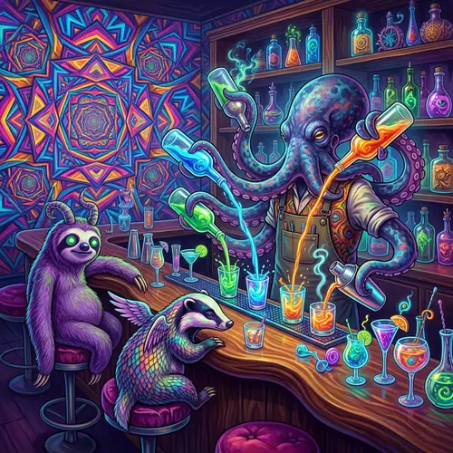 Psychedelic Six-Armed Bartender Mixing Colorful Cocktails