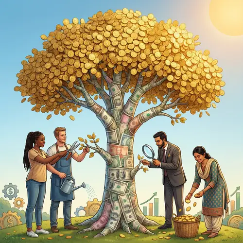 Money Management: Vibrant Tree with Coins and People