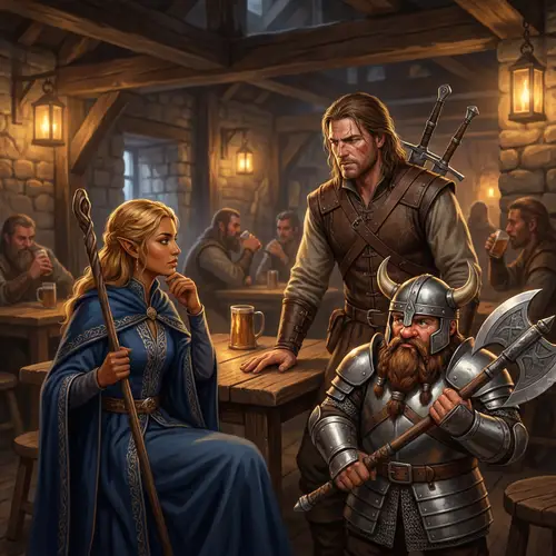 Fantasy Tavern Encounter: Witcher, Sorceress, and Dwarf in Tense Atmosphere