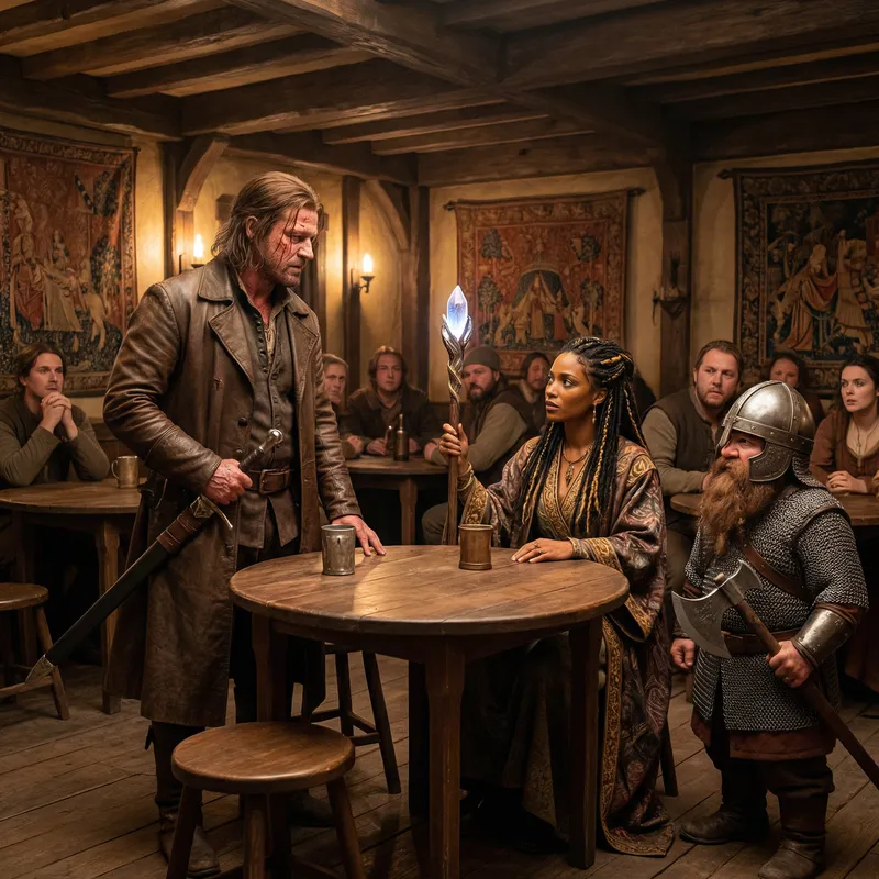 Male Witcher and Elven Sorceress with Dwarf in Rustic Inn | Fantasy Scene