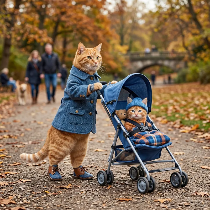 Fluffy Ginger Cat in Tweed Coat and Toddler Cat Fluffy Ginger Cat in Tweed Coat and Toddler Cat