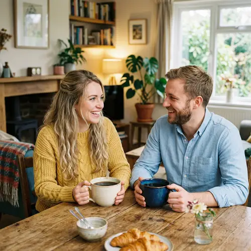 Happy Caucasian Couple Enjoying Coffee with Oversized Cups
