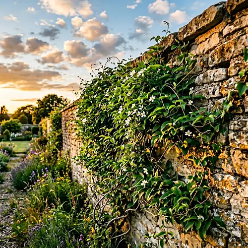 Ajaj: Vines Embracing an Old Stone Wall at Sunset