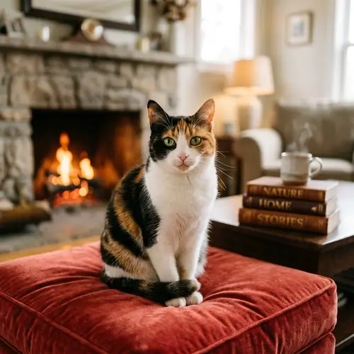Adorable Calico Cat on Red Velvet Cushion | Cozy Living Room Scene