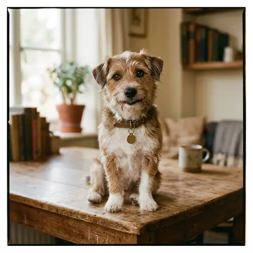 Adorable Canine on Wooden Table - Vintage Film Photography Style