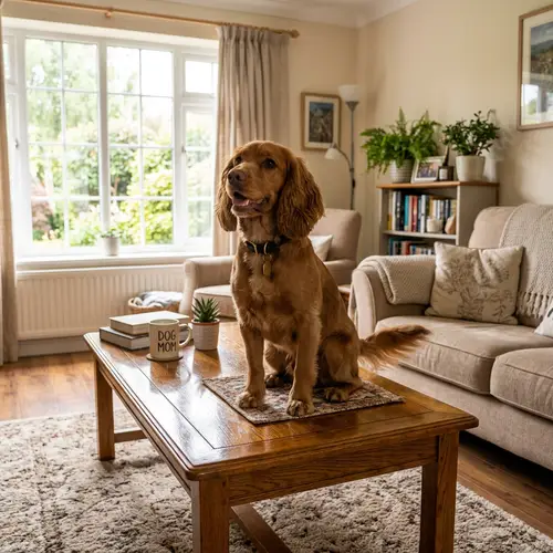 Happy Brown Dog Sitting on Table in Cozy Living Room