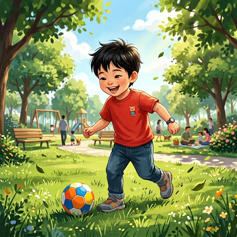 Joyful Boy Playing with Ball in Park - Outdoor Fun Activity