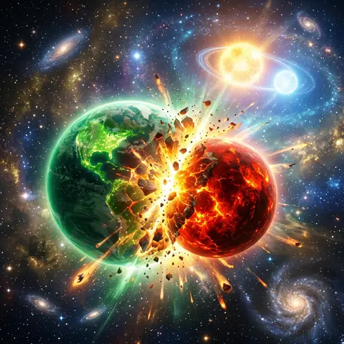 Celestial Collision: Green and Red Planets Exploding in Cosmic Ballet