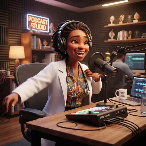 Joyful African Podcaster in Lab Coat - Pixar Style