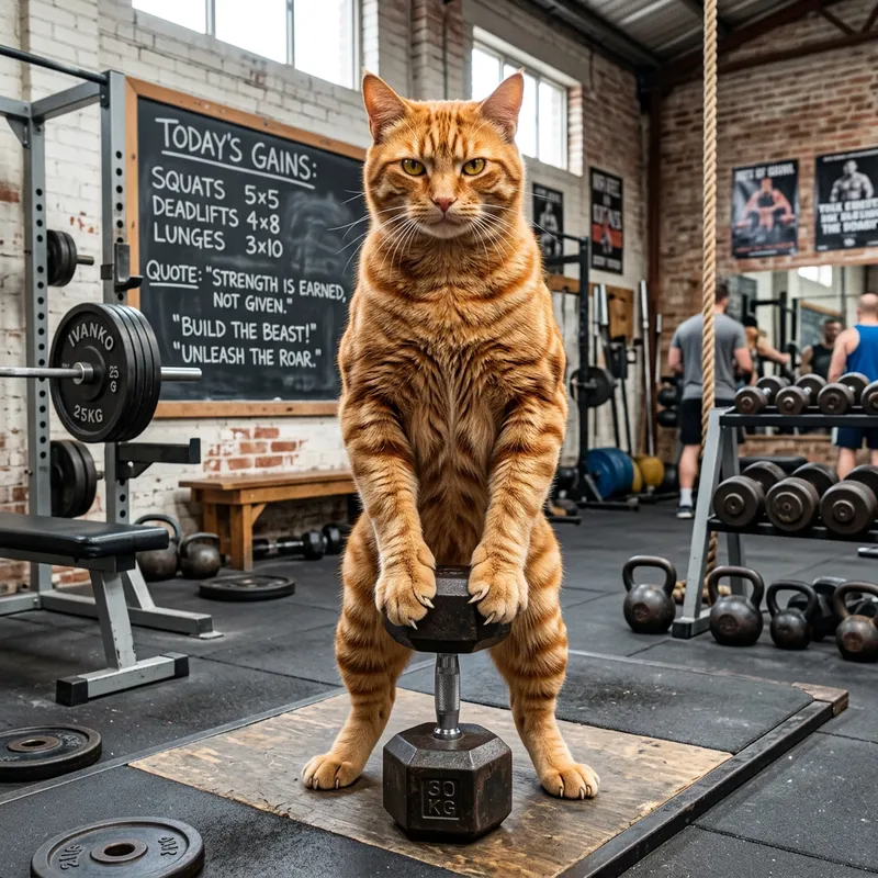 Orange Bodybuilder Cat Scene - Impressive Feline Gym Display