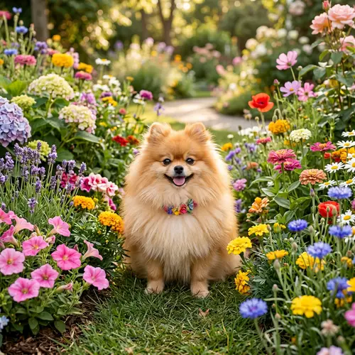 Fluffy Pomeranian Dog Surrounded by Colorful Flowers