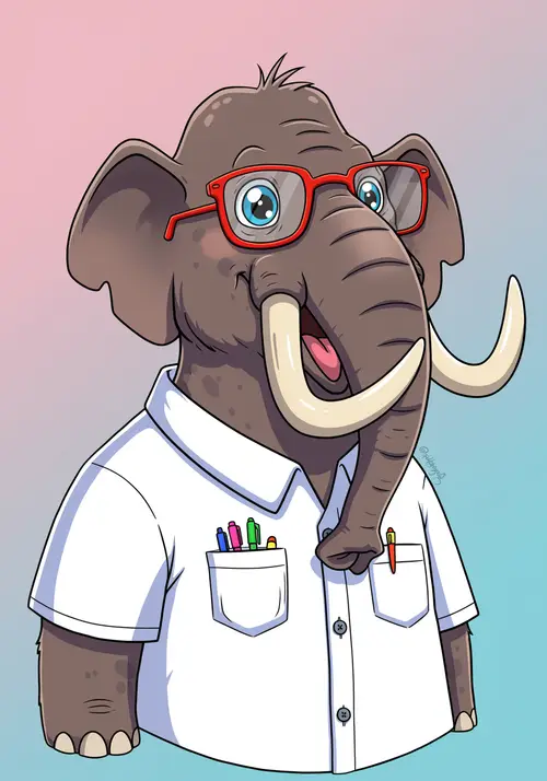 Cartoon Mastodon in White Shirt and Glasses