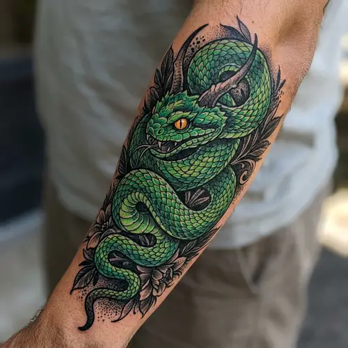 Detailed Bush Viper Tattoo Design - Horned Snake Illustration