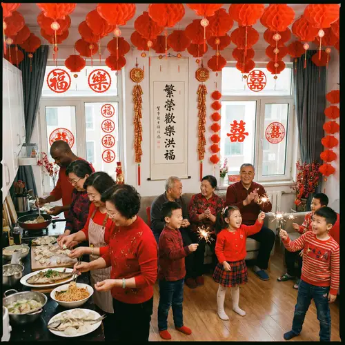 Chinese New Year Festive Scene with Lanterns, Firecrackers & Prosperity Blessings