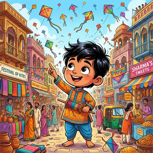 Young Indian Boy Cartoon Illustration | Vibrant Indian Town Scene