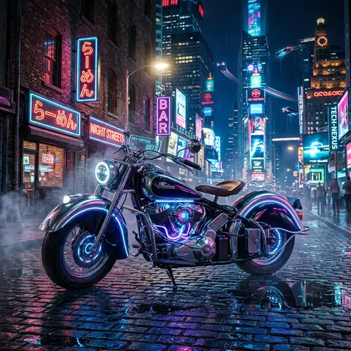 Vintage Cyberpunk Motorcycle | Nighttime Cityscape