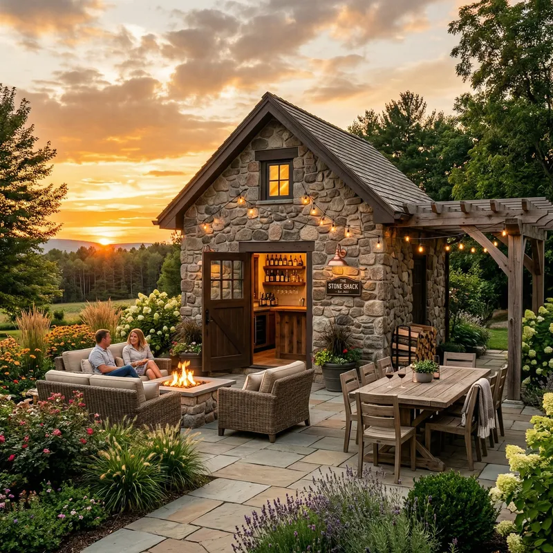 Western-Facing Stone Clad Shed Entertainment Area Western-Facing Stone Clad Shed Entertainment Area