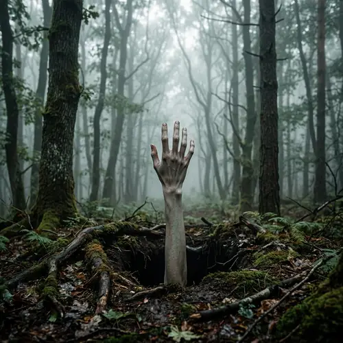 Elongated Hand in Misty Forest - Unique Imagery