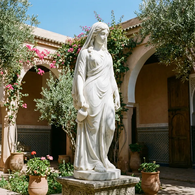 Ethereal White Stone Statue of Slender Middle-Eastern Woman