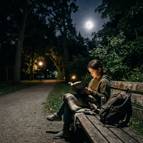 Girl Reading Book on Park Bench in Moonlight