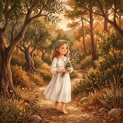 Serene Girl in Mediterranean Forest | Digital Art