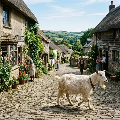 Rustic Village Scene with White Goat | Countryside Beauty