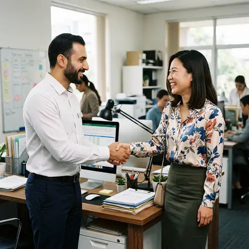 Professional Business-Customer Interaction: Middle-Eastern Male Employee and East Asian Female Customer
