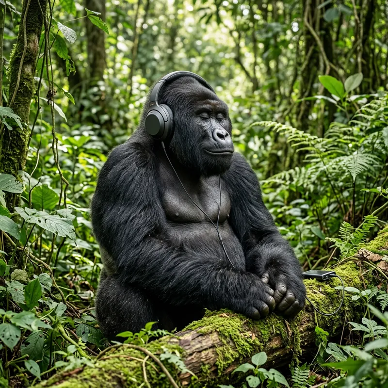Gorilla Listening to Music with Headphones in Natural Setting