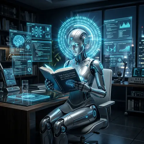 Futuristic Artificial Intelligence Engrossed in Book